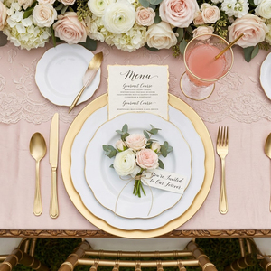 Service de table en céramique blanc festonné de luxe personnalisé, écologique, réutilisable, durable, avec bordure en or véritable pour mariage - Product Image 1