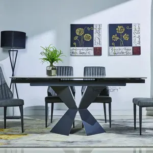 Juego de mesa de comedor de pies de Metal con dos extensiones laterales, mesa de comedor extensible con parte superior de cristal de cerámica