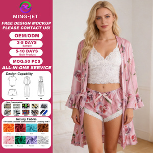 Completo pigiama sexy trasparente in raso ricamato <span class=keywords><strong>da</strong></span> donna taglie forti, tre pezzi, per la casa, collezione 2026 - Product Image 1