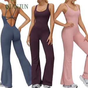 カスタムレディースワンピース、深い<span class=keywords><strong>V</strong></span>ネックヨガボディスーツ、胸パッド付きフレアレギンス、スリムフィットプレイスーツ - Product Image 1