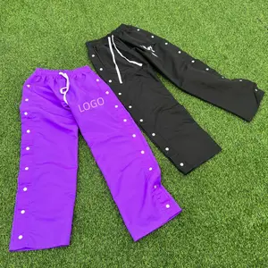 Custom Embroidery Desgin Wide Leg Stacked Pants Polyester Joggers Flare Baggy Nylon Cargo Track Pant With Button Design