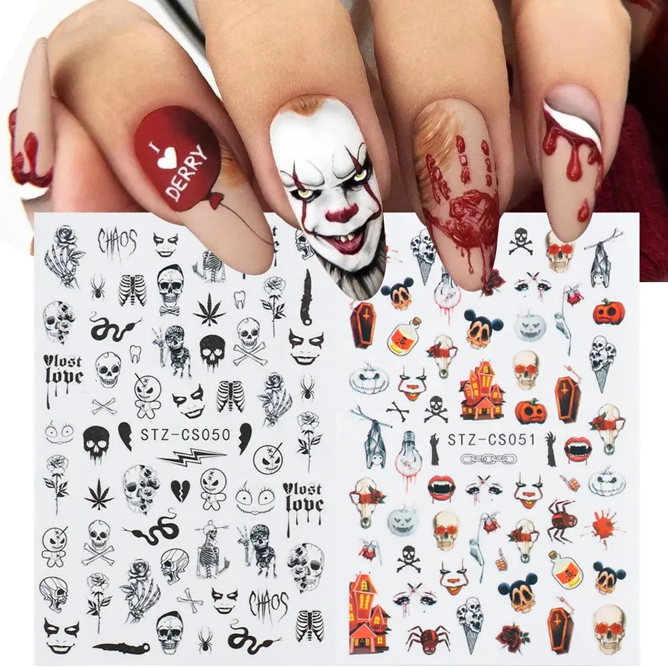 Adesivo de unhas gravadas, decalque de unha autoadesivo com design de caveira fantasma halloween