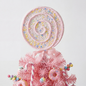 Décoration de sapin de Noël en forme de sucette géante fantaisie, motif tourbillon rose et blanc pailleté, avec base à ressort et nœud en ruban, en plastique, pour chambre d'enfant et fêtes - Product Image 4