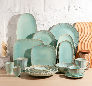 Factory Direct Custom Royal Style Baby Blue <b>Fluted</b> Ceramic Dinnerware, Embossed Stoneware Tableware Bulk Wholesale - Product Image 1