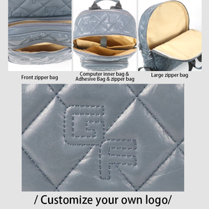 Dusty Blue Diamond Quilted Embossed Letter Logo PU <b>Backpack</b> with Adjustable Nylon Strap Daily Travel <b>Backpack</b> - Product Image 5