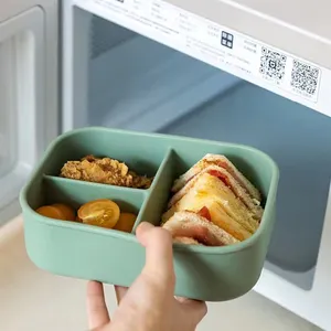 Silikon Lunchbox Küchen kühlschrank Silikon Versiegelter wasserdichter Lebensmittel behälter Kinder Auslaufs ichere Bento Lunch Box 3 Gitter Bento Box