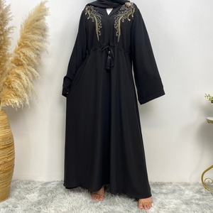 Elegant Closed Abaya Garment with Waist Tie Tassel and Intricate Black <b>Applique</b> Embroidery for Islamic Women (style 6510) - Product Image 6