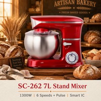 Batidora de Pedestal Shinechef de 7L y 1300W con Programación Inteligente IC, Motor 8835, Tazón de Acero Inoxidable, Protector Antisalpicaduras, Tapa Abatible, 6 Velocidades