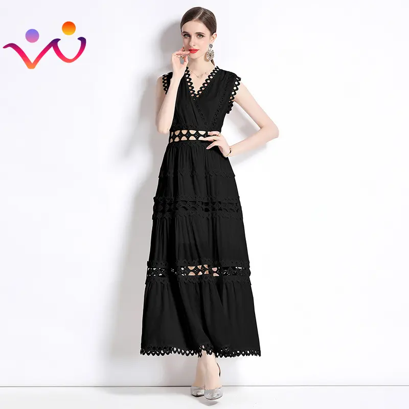 Runway Fashion Summer Hollow Cut Out Dress High Quality Women Solid Color Largo Robes Sleeveless Maxi Long Dresses
