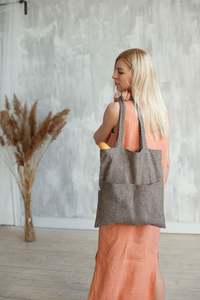 Sac de messager de tous les jours en lin de couleur naturelle à volants sac fourre-tout réutilisable poche à bandoulière fermeture à cordon bijoux rangement pour achats - Product Image 5