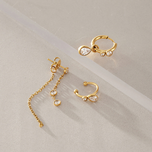 JD Juego de Pendientes 3 en 1 de Acero Inoxidable con Oro de 18K y Circonitas, con Diseño de Borla Delantera y Trasera, Lágrima y Huggie, de Clip, Hipoalergénicos, Joyería Fina para Regalo - Product Image 4