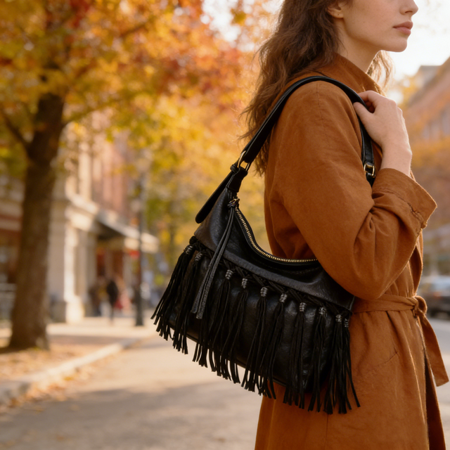 Vintage Boho Crossbody Bag for Women PU Leather Suede Tassels Western Fringe Zipper Closure Lightweight Portable Polyester