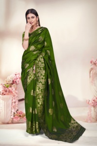 Fancy Silk Green <b>Saree</b> Latest Design <b>Saree</b> Green And <b>Golden</b> Pallu Silk <b>Saree</b> For Wedding And Festival Wear Women - Product Image 5