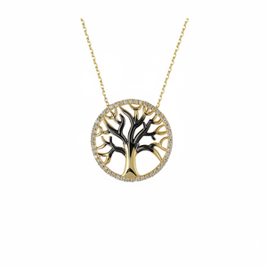 14K oro amarillo sólido fuerte negro Árbol de la vida encanto collar joyería fina para mujeres hecho en Turquía - Product Image 2