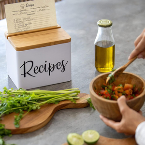 Metal <strong>Recipe</strong> <strong>Box</strong> With Cards and Dividers - White Metal Body, Wooden Lid with Phone Holder and <strong>Recipe</strong> Card Holder - Product Image 4