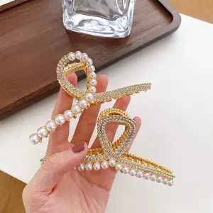 Oversized Biggest 11.5CM Metal Pearl Crystal Hair Claw Clips Fashionable Women Rhinestone Temperament Alloy Gold Hair Claw Clips