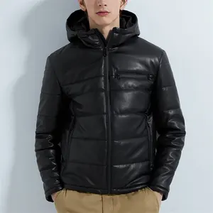 Winter mens outdoor black leather bubble down puffer jacket with hooded