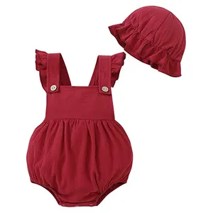 Factory China Supplier Baby Summer Ruffle Sleeveless Backless Solid Color Romper With Sun Hat