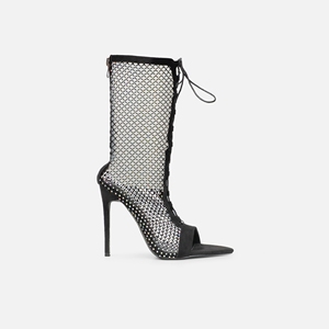 Sandales d'été à lacets bottes à bout ouvert et à lanières bottes à mailles pour femmes strass colorés talons hauts maille noire bottes à <span class=keywords><strong>talon</strong></span> aiguille - Product Image 5