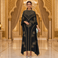 Robe Kaftan Brodé Modeste avec Perles et Paillettes, Col Rond, Manches Chauve-Souris, Coupe Ample, Maxi Abaya Coupe A-Line pour le Ramadan et l'Aïd