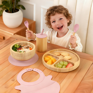 Assiettes en <span class=keywords><strong>bambou</strong></span> antidérapantes durables tasses pour enfants avec pailles et couvercles anti-fuite couleur unie silicone souple alimentation LED sevrage ensemble bébé - Product Image 6