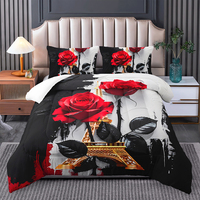 Ensemble de couette à motif floral de roses rouges de la Tour Eiffel de Paris, ensemble de literie moderne, toutes saisons, taille complète, queen, king