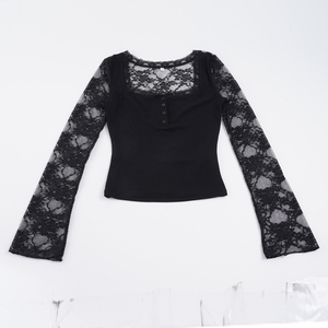 Blusa de Manga Larga para Mujer, Cuello Cuadrado, Adorno de Encaje, Transpirable, Corte Ajustado, Tejido de Punto, Estampado Digital, Color Sólido - Product Image 2