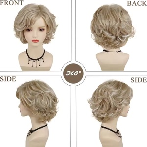 Pelucas de pelo sintético para mujer, rizadas cortas con flequillo, hasta los hombros, marrón, <span class=keywords><strong>Rubio</strong></span>, gris, blanco, gorro de peluca - Product Image 3