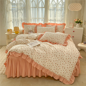 Parure de lit 4 pièces en coton pur style coréen avec imprimé floral, jupe de lit princesse, utilisation quatre saisons - Product Image 2