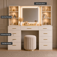 Ensemble de coiffeuse de maquillage direct usine avec miroir LED bordé, poignées dorées et 9 tiroirs – Table de maquillage en gros