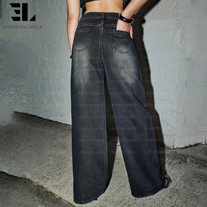 بنطلون جينز فضفاض بخصر عالٍ مزين بالأحجار الكريمة اللامعة من مصنع LARSUR، بنطلون دينيم ممزق للنساء - Product Image 3