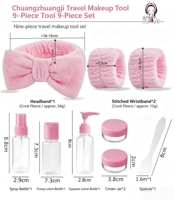 Kit de toilette de voyage vibrant 9-en-1, flacons cosmétiques rechargeables étanches, bandeau et bracelets, accessoires de voyage