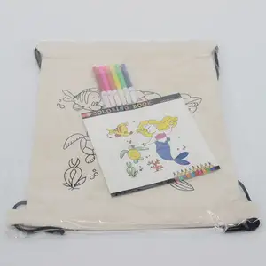 Children DIY Painting Your Own Colouring Cotton Canvas Back Pack Bag Drawstring Bag