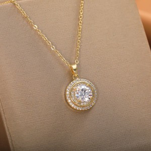 Parure de bijoux en alliage de cuivre avec pendentif rond, collier et boucles d'oreilles serties clos, cadeau, bijoux de mode pour femme - Product Image 3