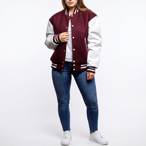Maroon Varsity <strong>Jacket</strong> With <strong>White</strong> Sleeves <strong>And</strong> <strong>Stripes</strong> Casual Fit Polyester Cotton Material Autumn Wear Unisex - Product Image 1