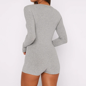 <b>Women's</b> Long Sleeve Button Front Bodysuit Ribbed Stretch Short <b>Romper</b> Sexy Fit Gray - Product Image 4