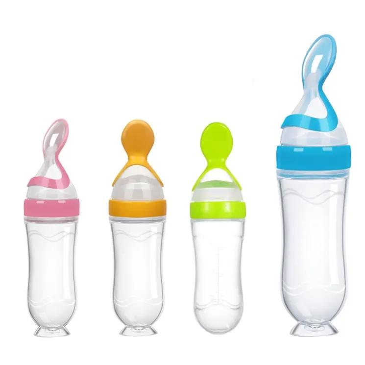 Bpa Free Silicone Baby Feeding Bottle With Spoon Suction Flexible Silicon Feeder Dropper Labels Squeeze Bottles For Babies