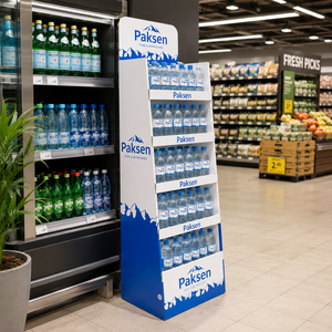 Mineral Water Paper Corrugated Floor Display, Custom Cardboard <b>Stand</b> For Bottled Drinks, Supermarket Beverage Aisle Display - Product Image 1