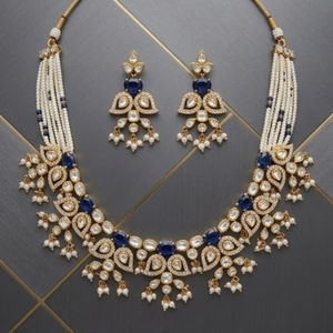 Traditional Blue Stone Kundan Necklace Gold Bridal Jewelry with Earrings Diamond Accents for Women Wedding Jewelry - Product Image 2