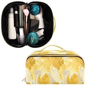 Trousse de Toilette de Voyage pour Femme avec Logo Personnalisé, Motif Feuilles Dorées, Faible MOQ, Sac Cosmétique Jaune avec Compartiments - Product Image 2