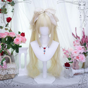 Perruque longue bouclée style Lolita avec double queue de cheval, nœuds roses, frange latérale, couvrant entièrement la tête, pour femme - Product Image 2