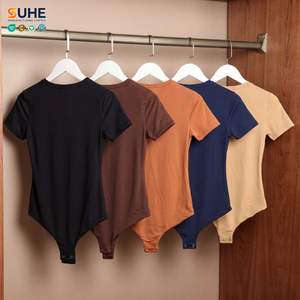 SUHE OEM ODM Winter Summer Casual Skinny Short Sleeve Crew Neck Stretch Snap Crotch Form Fitting Solid Color Womens <b>Bodysuit</b> - Product Image 5