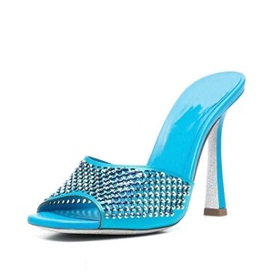 Sandalias de tacón de aguja con diamantes brillantes para mujer, talla grande 46, ajuste ancho, zapatos de vestir, mules de tacón alto fino, sandalias de fiesta con punta abierta - Product Image 5