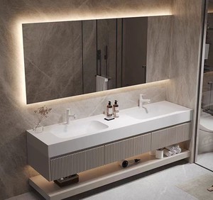 Luxury double layer rock slab bathroom vanity with double sink large smart illuminated <b>mirror</b> cabinet - Product Image 4