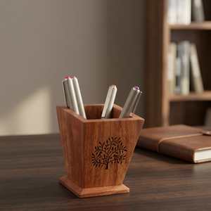 Porte-stylo conique en bois avec gravure d'arbre, organisateur de bureau fait main pour la décoration de bureau et d'étude, ensemble de papeterie durable - Product Image 1