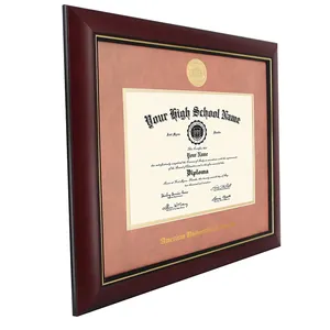 Double Matted Customized Red Brown Wooden Diploma Frame Certificate Document Frame For A4 Awards