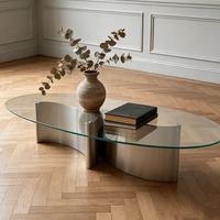 Bauhaus Moderner Minimalistischer Beweglicher Ovaler Glas-Couchtisch mit Edelstahlrahmen für Wohnzimmer und Zuhause
