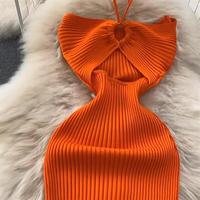 Vente en gros de fée douce coupe ajustée robe en tricot serré col suspendu épaules dénudées fête Sexy fente longue jupe