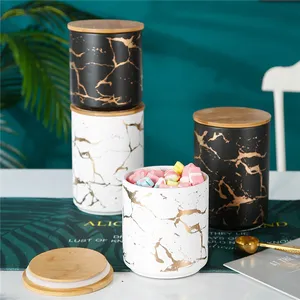 Hot selling airtight fancy mable kitchen food container ceramic storage jar with bamboo lid