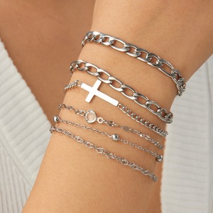 Cross Pattern Gold Plated Stainless Steel <b>Bracelet</b> <b>Set</b> Unisex Jewelry Fashion Accessory - Product Image 2